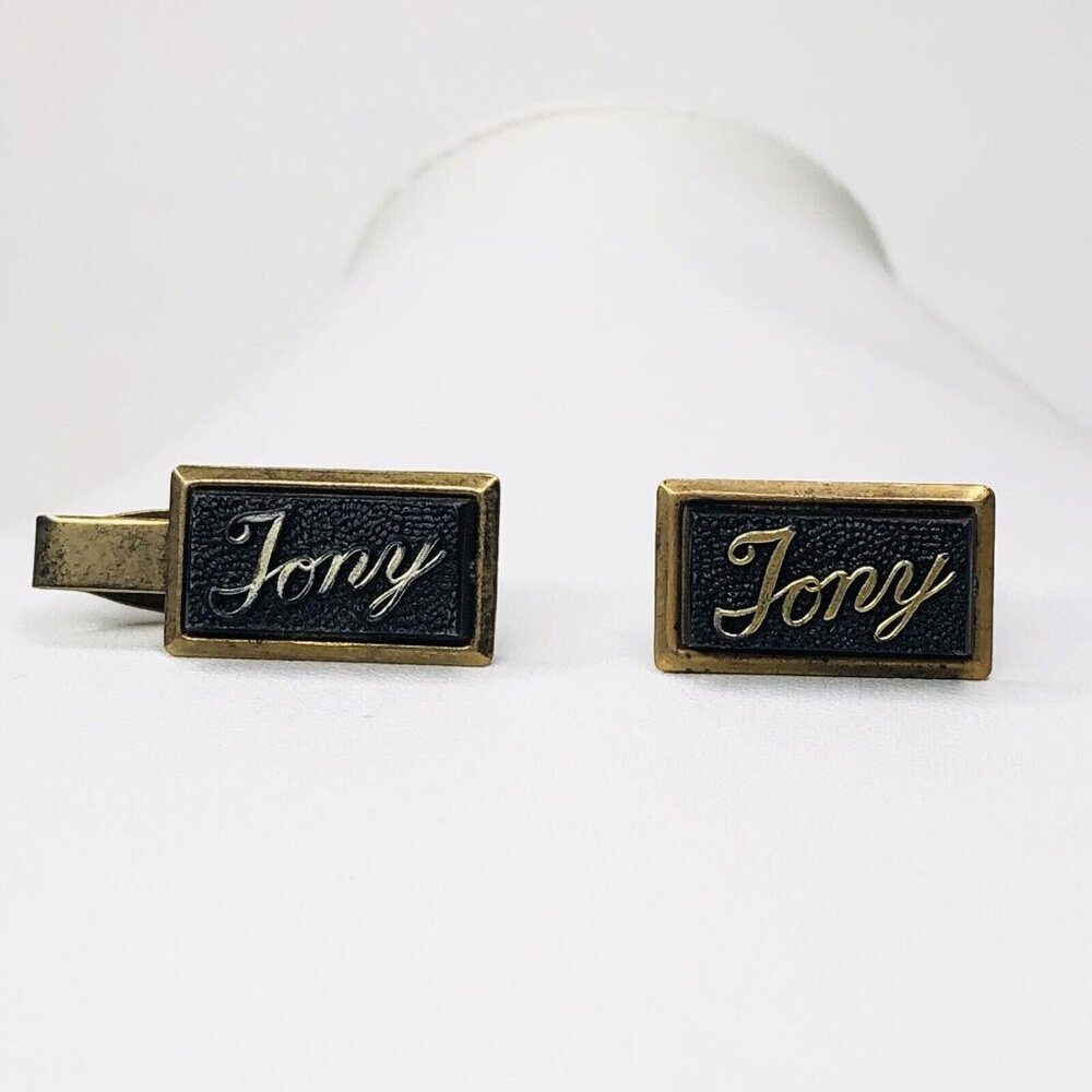 Vtg Men JONY Tie Clip & Cufflink Black Gold tone Wedding Groom Gift Rectangle